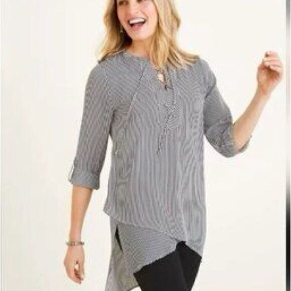 Chico’s Women’s Striped Lace Up Roll Tab Sleeve Asymmetrical Hem Tunic Size L/2 - Picture 1 of 10